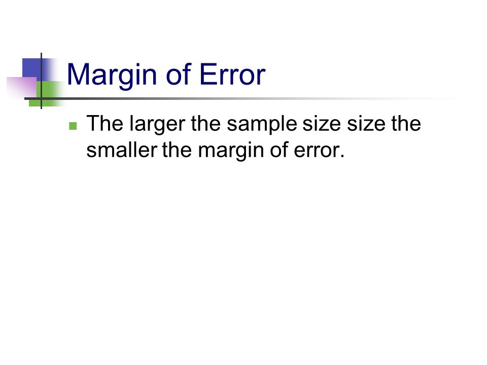 Margin of Error The larger the sample size size the smaller the margin of error.