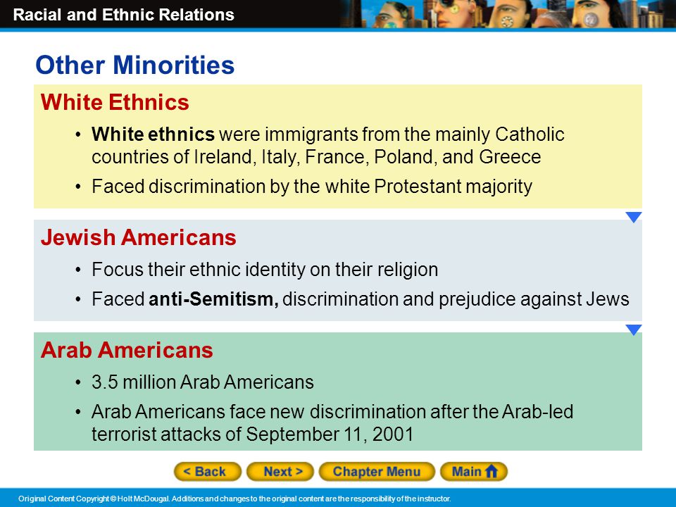 Other Minorities White Ethnics Jewish Americans Arab Americans