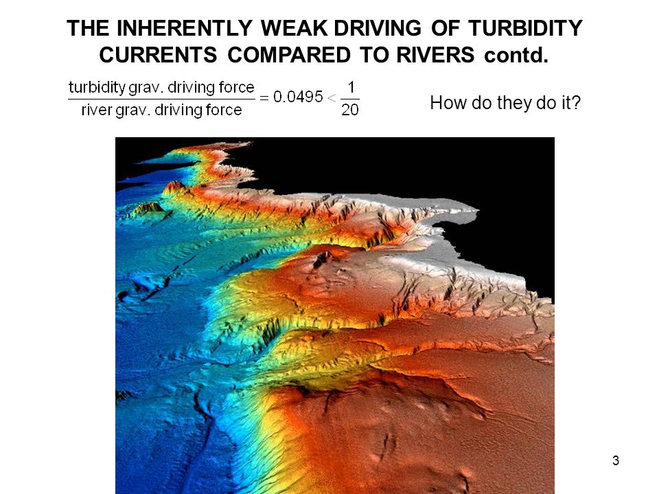 THE INHERENTLY WEAK DRIVING OF TURBIDITY CURRENTS COMPARED TO RIVERS contd.