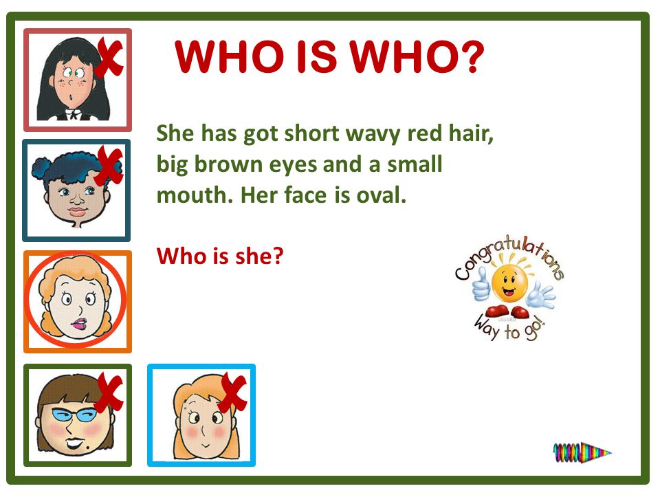 WHO IS WHO  She has got short wavy red hair, big brown eyes and a small mouth. Her face is oval.