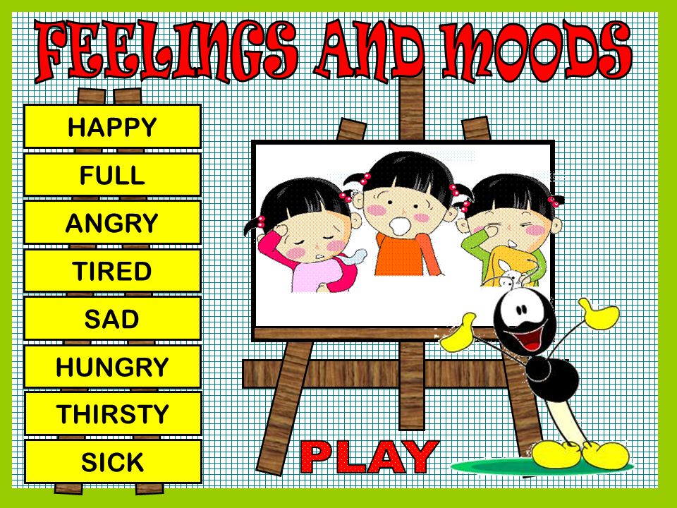 FEELINGS AND MOODS HAPPY FULL ANGRY TIRED SAD HUNGRY THIRSTY SICK PLAY