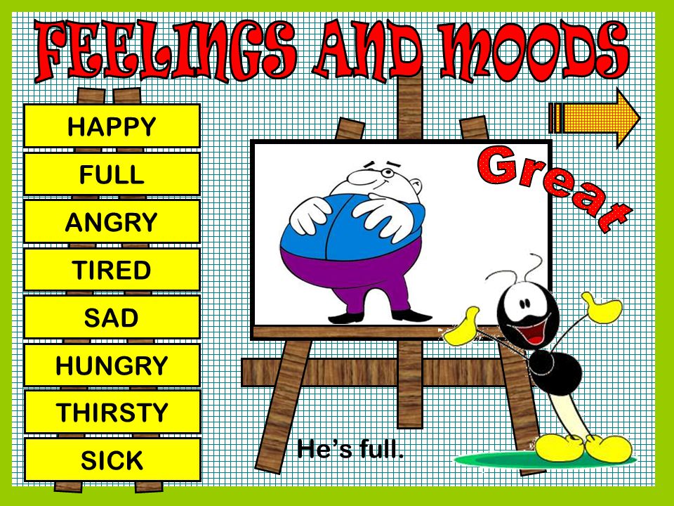 FEELINGS AND MOODS Great HAPPY FULL ANGRY TIRED SAD HUNGRY THIRSTY