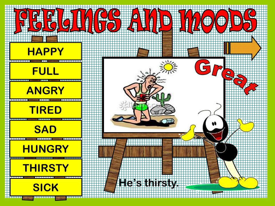 FEELINGS AND MOODS Great HAPPY FULL ANGRY TIRED SAD HUNGRY THIRSTY