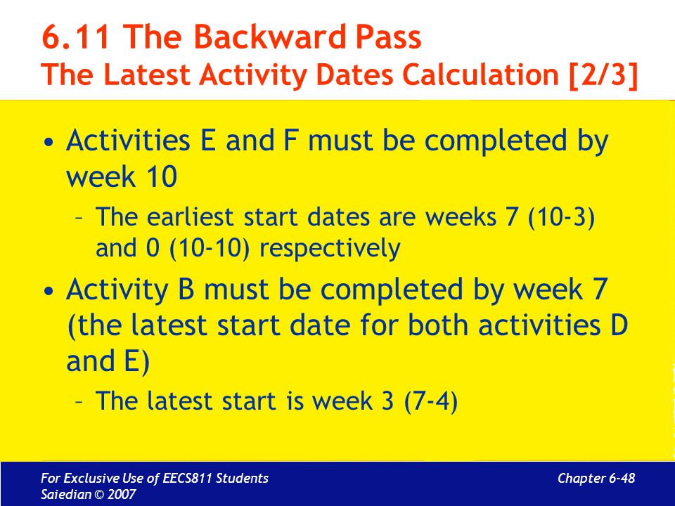 6.11 The Backward Pass The Latest Activity Dates Calculation [2/3]