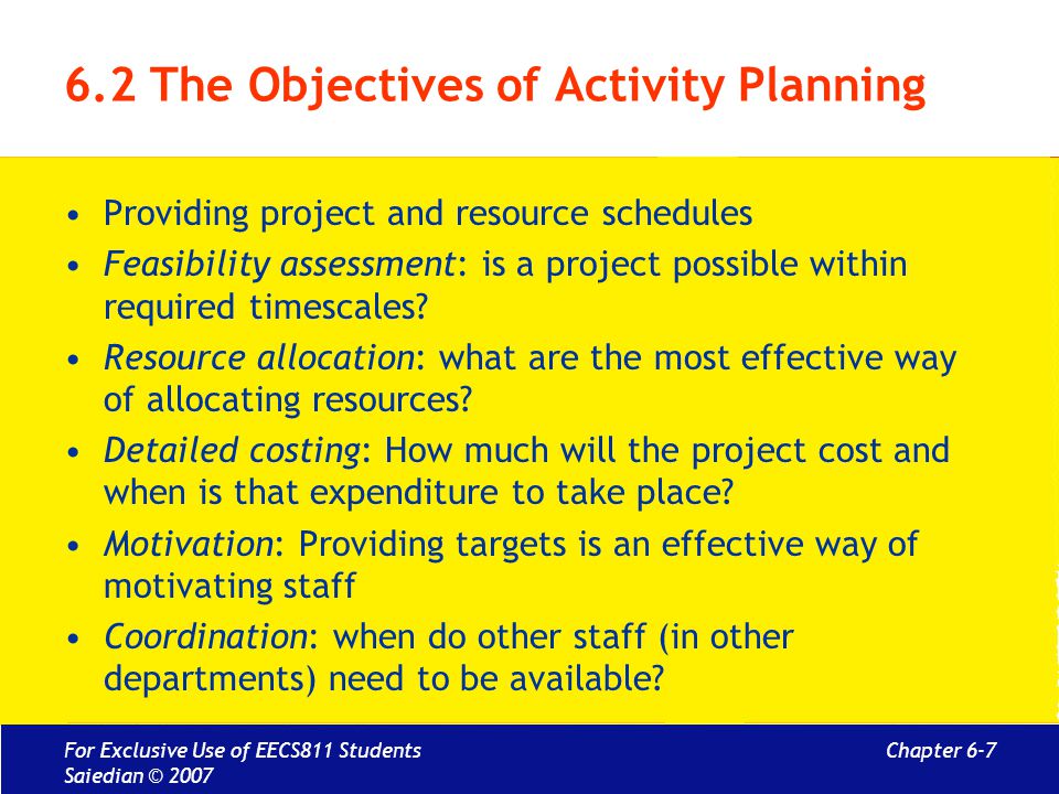 6.2 The Objectives of Activity Planning