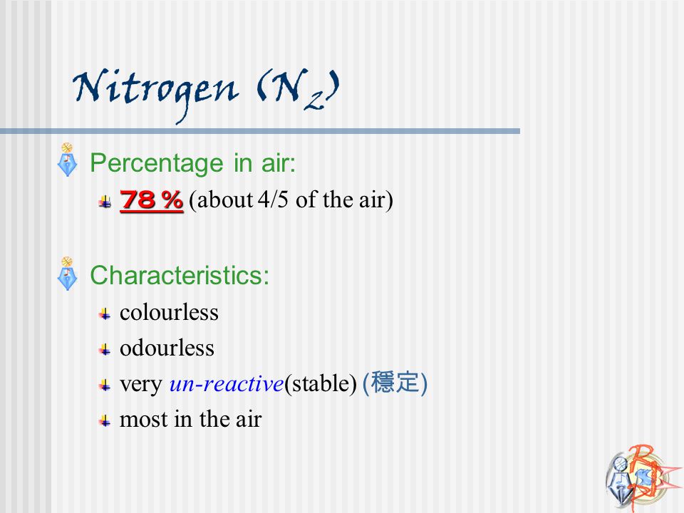 Nitrogen (N2) Percentage in air: Characteristics: