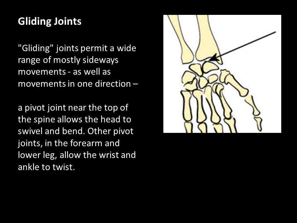 Gliding Joints Gliding joints permit a wide range of mostly sideways movements - as well as movements in one direction –