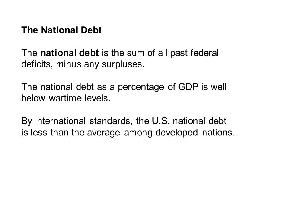 The National Debt The national debt is the sum of all past federal deficits, minus any surpluses.
