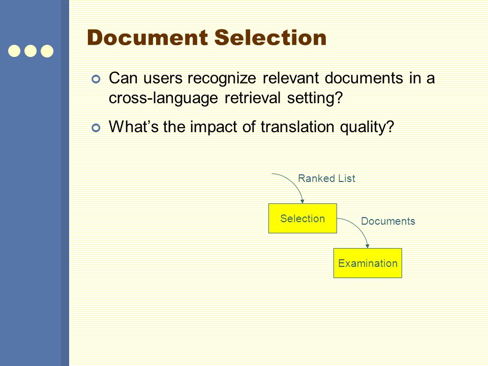 Document Selection Can users recognize relevant documents in a cross-language retrieval setting What’s the impact of translation quality