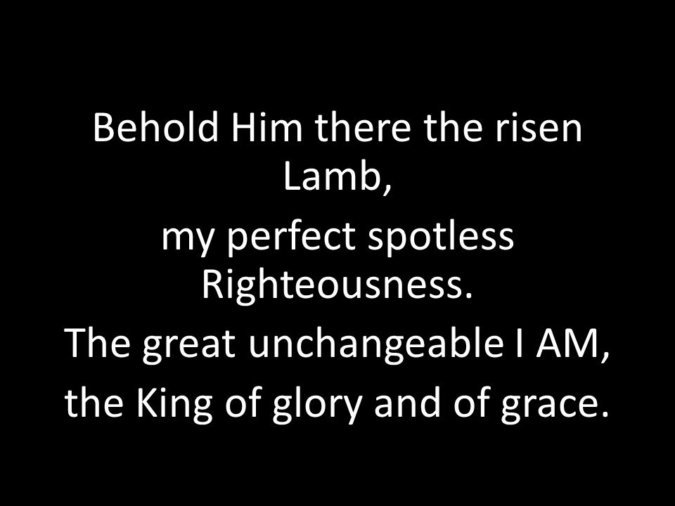 Behold Him there the risen Lamb, my perfect spotless Righteousness.