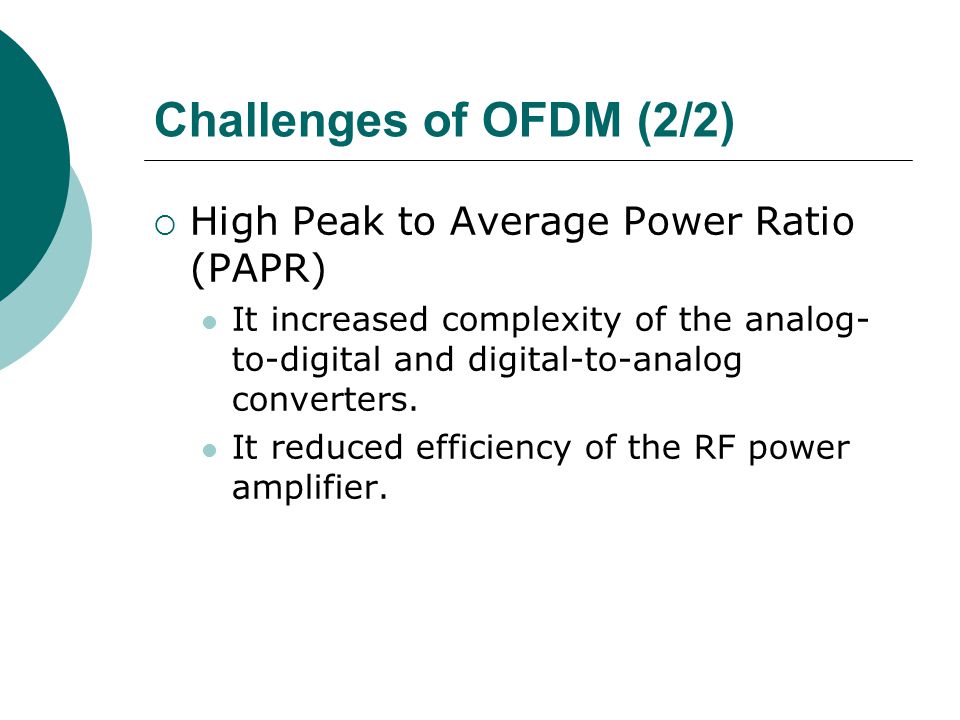 Challenges of OFDM (2/2) High Peak to Average Power Ratio (PAPR)