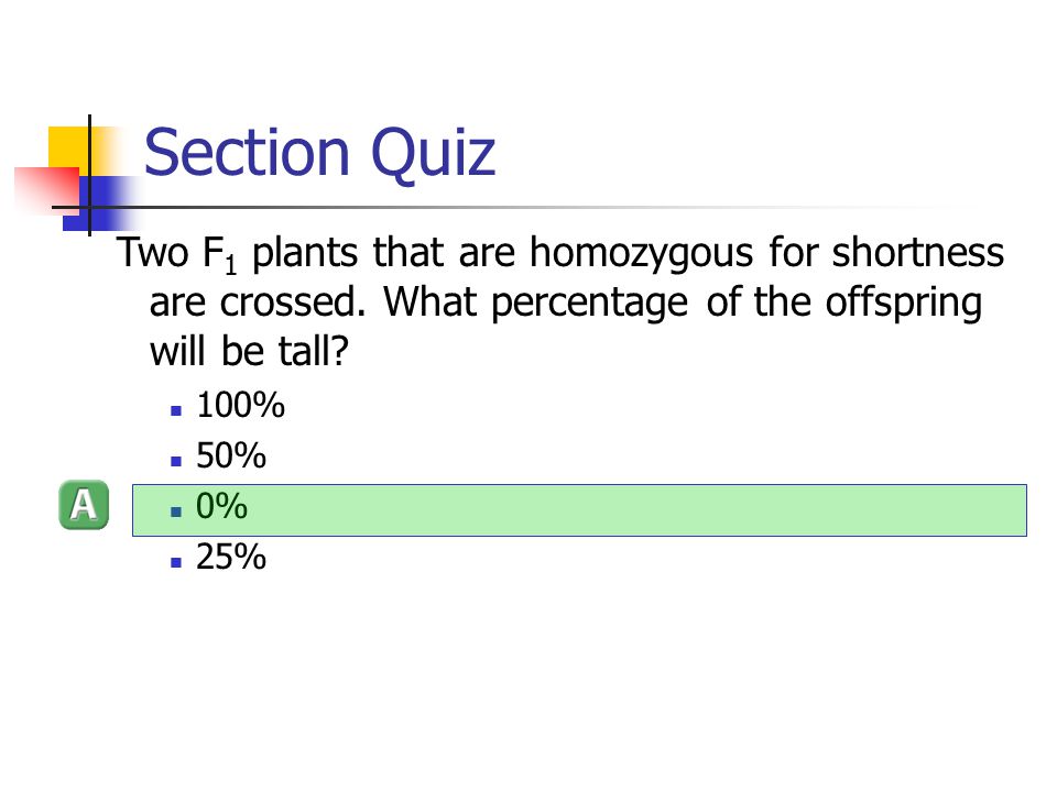 Section Quiz Two F1 plants that are homozygous for shortness are crossed. What percentage of the offspring will be tall