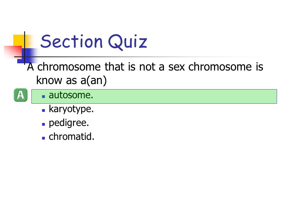 Section Quiz A chromosome that is not a sex chromosome is know as a(an) autosome. karyotype. pedigree.