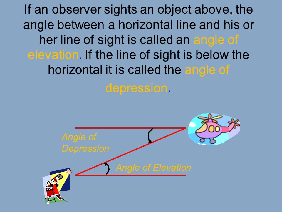 If an observer sights an object above, the angle between a horizontal line and his or her line of sight is called an angle of elevation. If the line of sight is below the horizontal it is called the angle of depression.