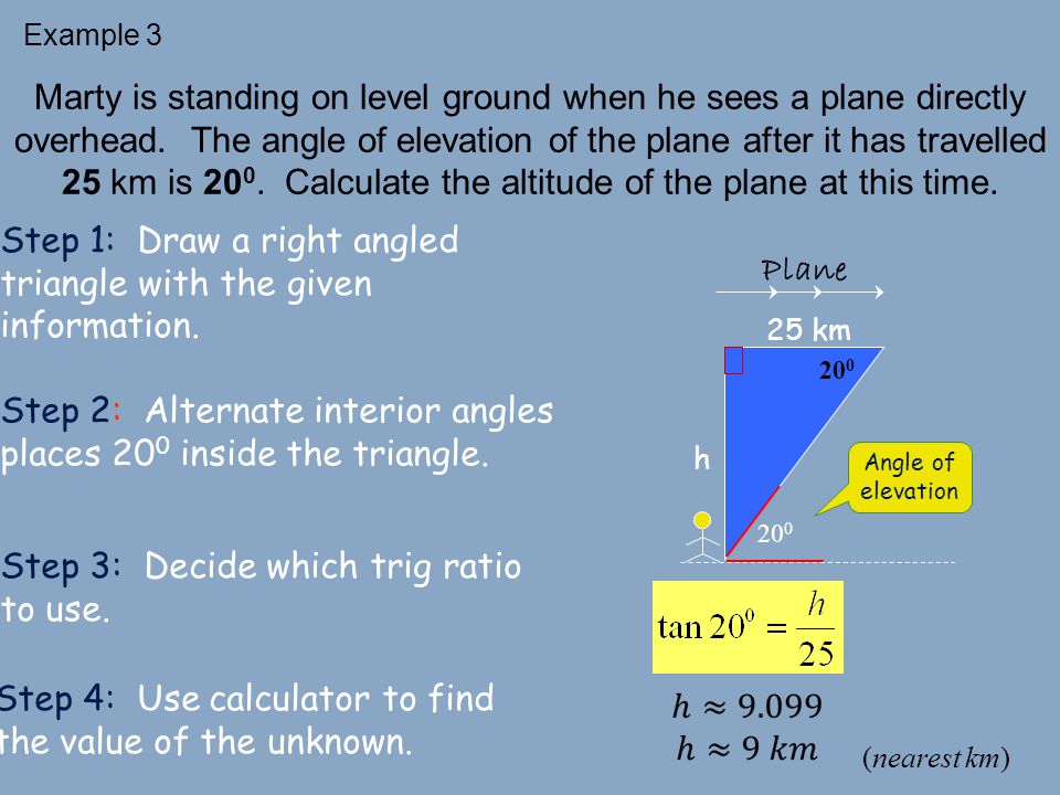 Step 1: Draw a right angled triangle with the given information. Plane