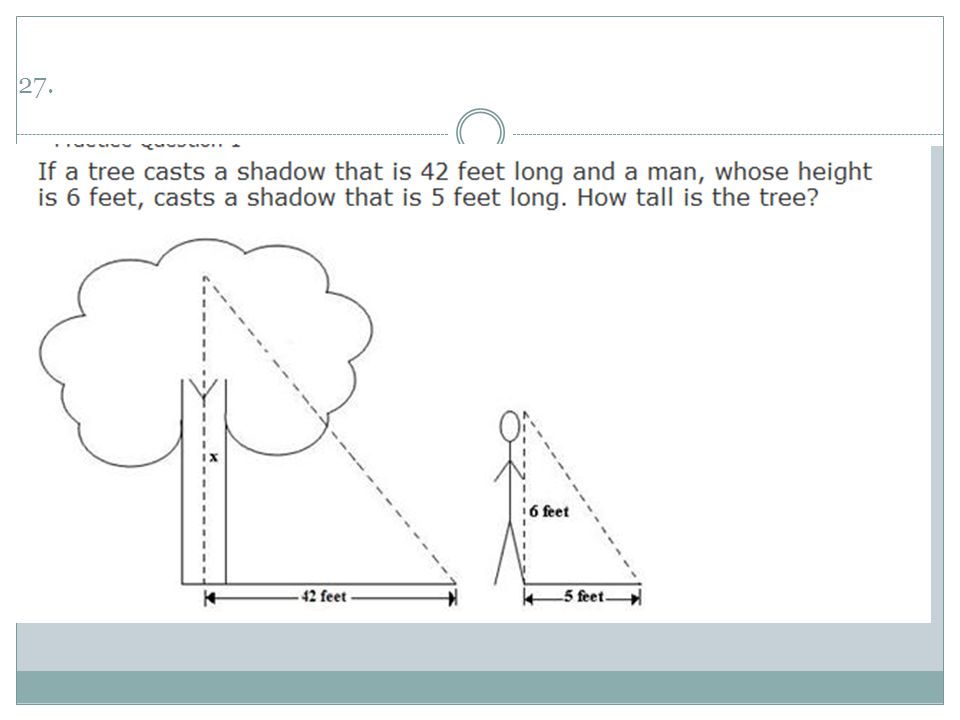 In the figure, the person is 6 ft tall and his shadow is 5 ft long. The  tree's shadow is 8 ft long. What 