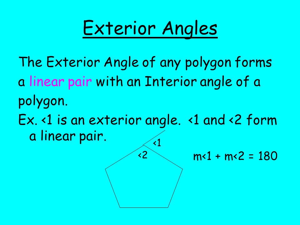 Exterior Angles The Exterior Angle of any polygon forms