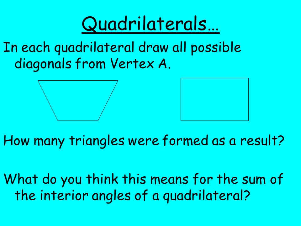Quadrilaterals… In each quadrilateral draw all possible diagonals from Vertex A. How many triangles were formed as a result