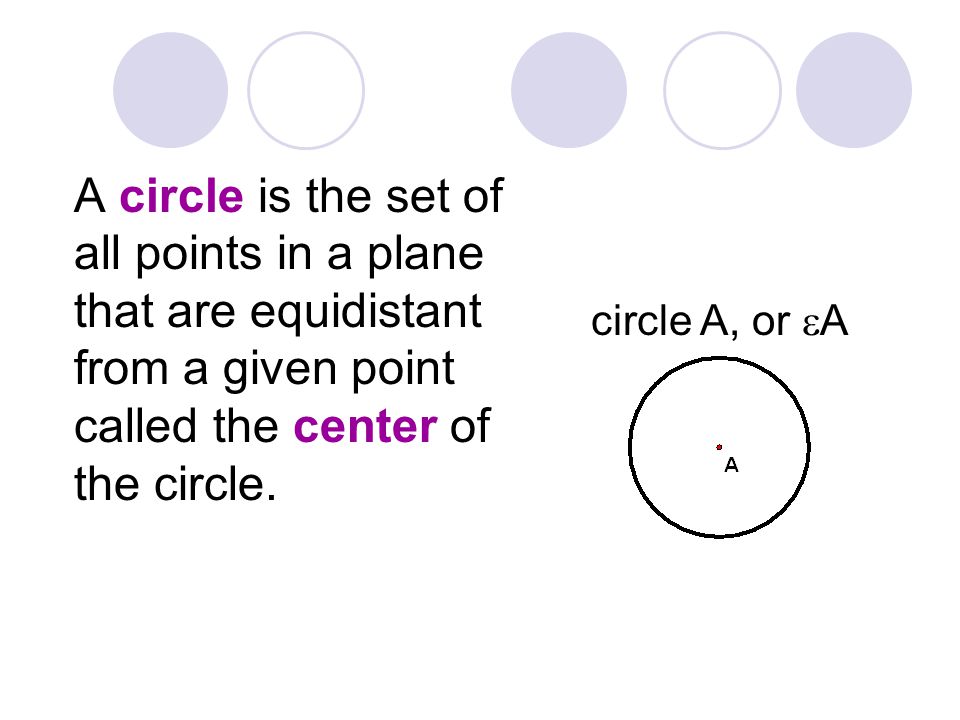 A circle is the set of all points in a plane that are equidistant from a given point called the center of the circle.