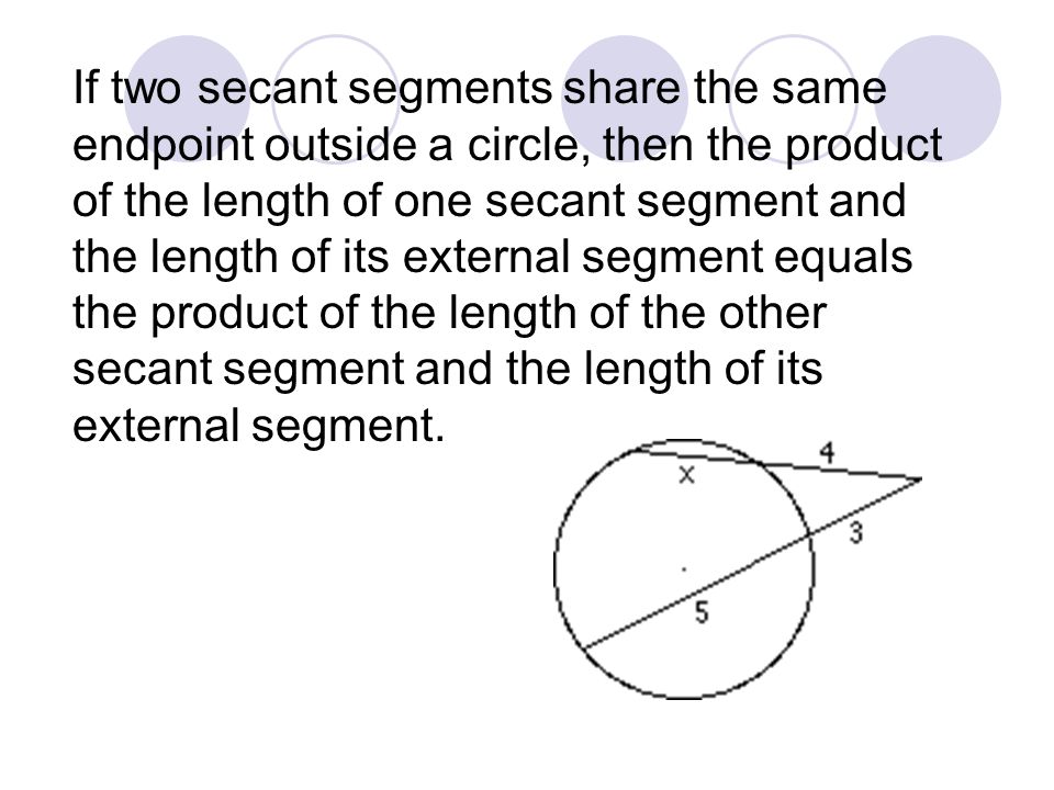 If two secant segments share the same endpoint outside a circle, then the product of the length of one secant segment and the length of its external segment equals the product of the length of the other secant segment and the length of its external segment.
