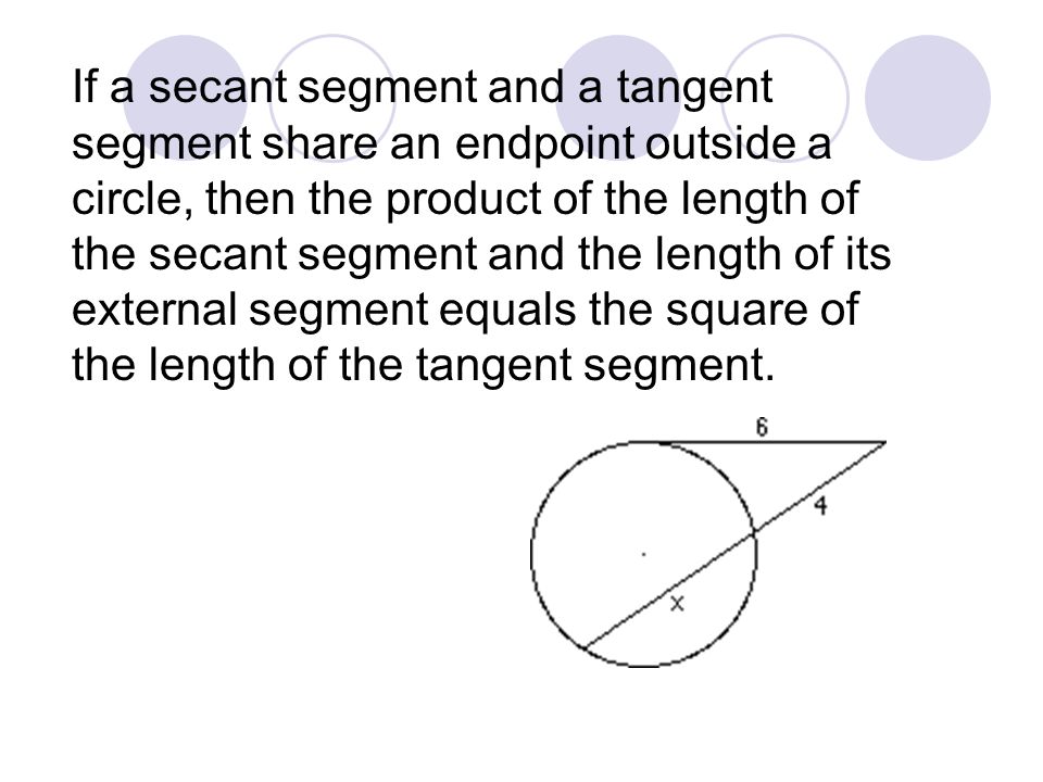If a secant segment and a tangent segment share an endpoint outside a circle, then the product of the length of the secant segment and the length of its external segment equals the square of the length of the tangent segment.