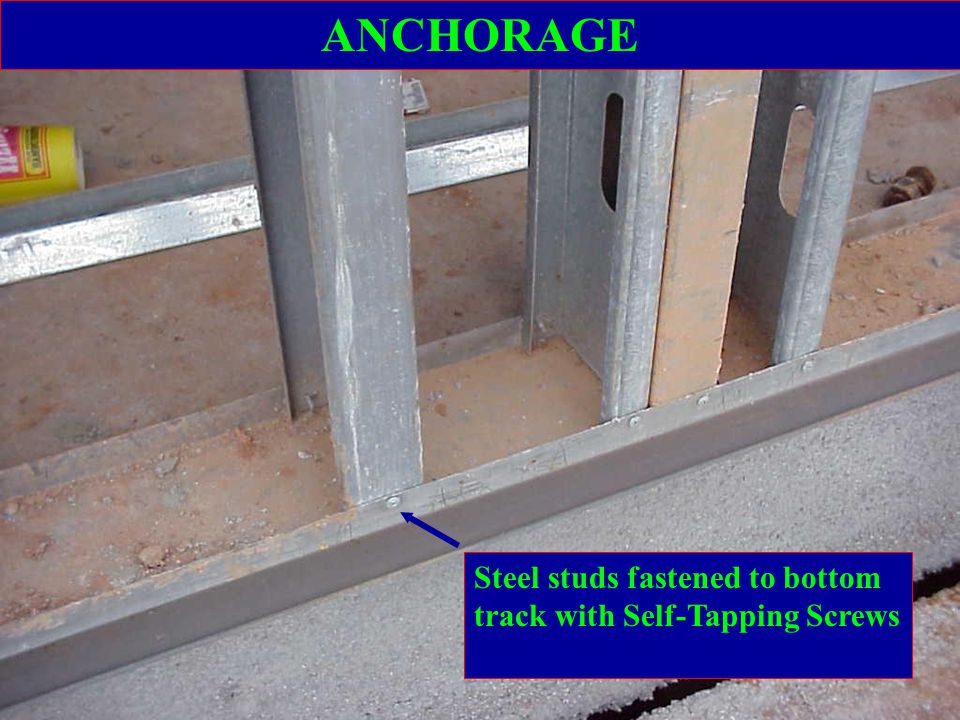 ANCHORAGE Steel studs fastened to bottom track with Self-Tapping Screws