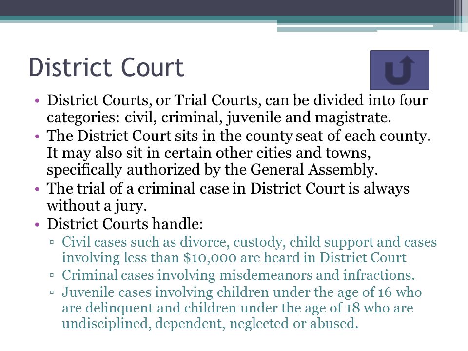 District Court District Courts, or Trial Courts, can be divided into four categories: civil, criminal, juvenile and magistrate.