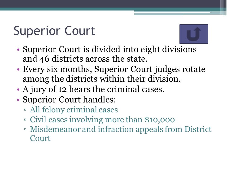 Superior Court Superior Court is divided into eight divisions and 46 districts across the state.