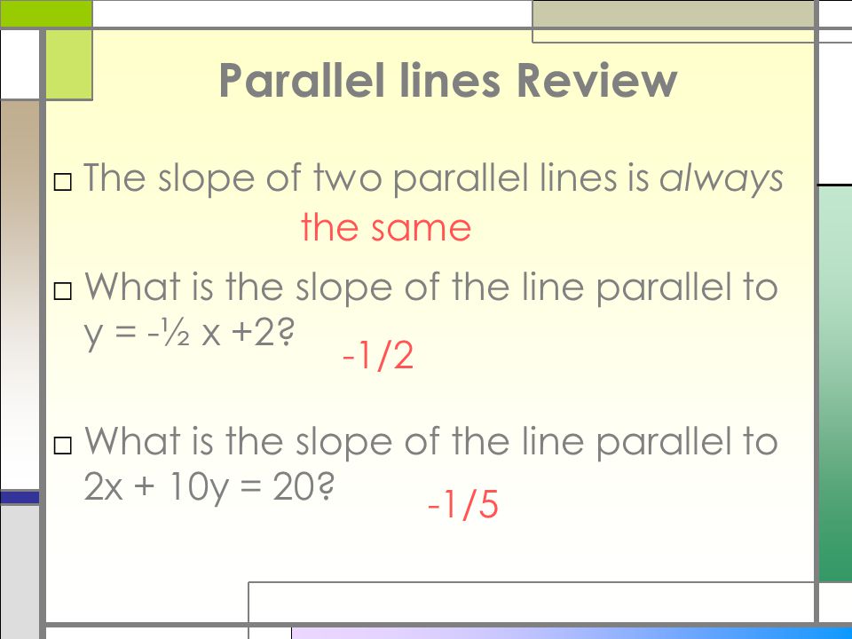 Parallel lines Review The slope of two parallel lines is always