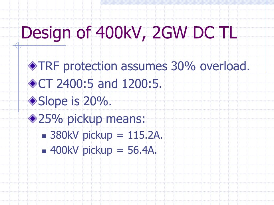 Design of 400kV, 2GW DC TL TRF protection assumes 30% overload.