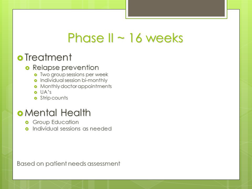 Phase II ~ 16 weeks Treatment Mental Health Relapse prevention
