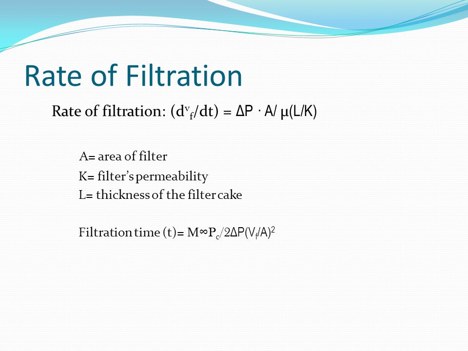 Rate of Filtration A= area of filter