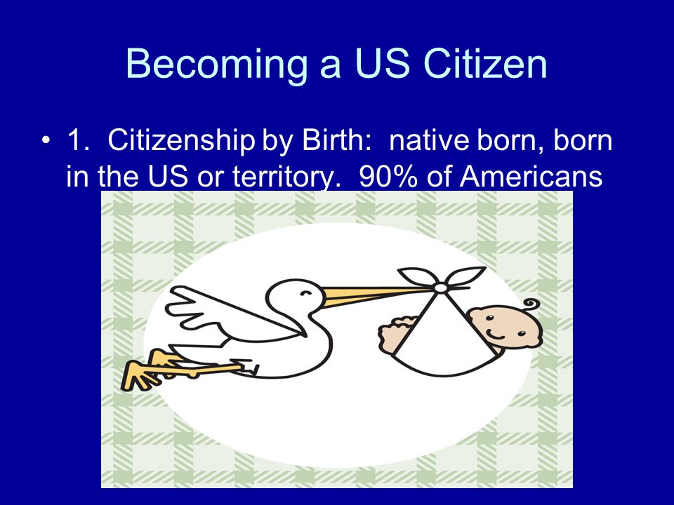 Becoming a US Citizen 1. Citizenship by Birth: native born, born in the US or territory.