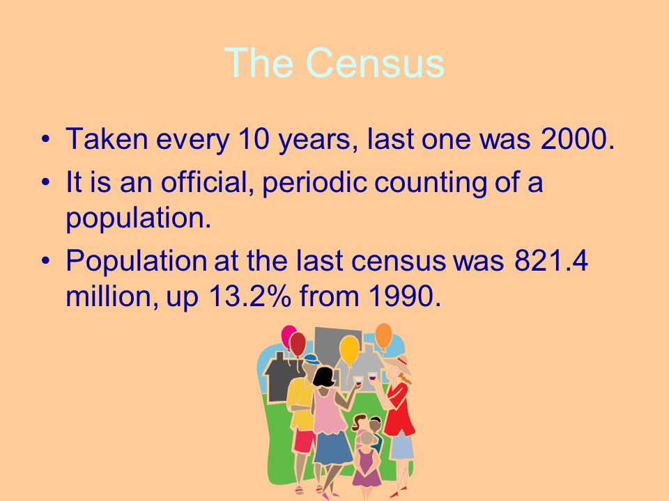 The Census Taken every 10 years, last one was 2000.