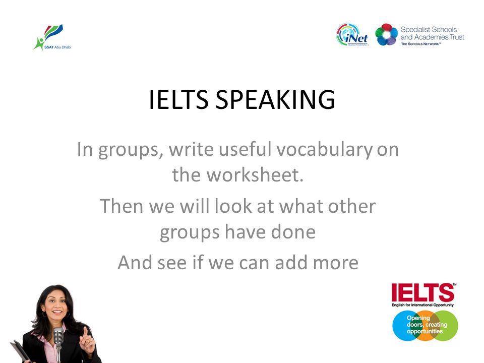 IELTS SPEAKING In groups, write useful vocabulary on the worksheet.
