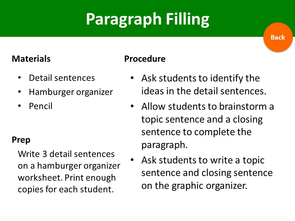 Paragraph Filling Back. Materials. Procedure. Detail sentences. Hamburger organizer. Pencil.