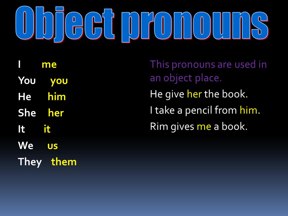 Object pronouns I me You you He him She her It it We us They them