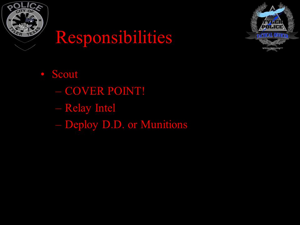 Responsibilities Scout COVER POINT! Relay Intel