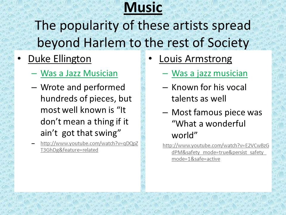 Music The popularity of these artists spread beyond Harlem to the rest of Society