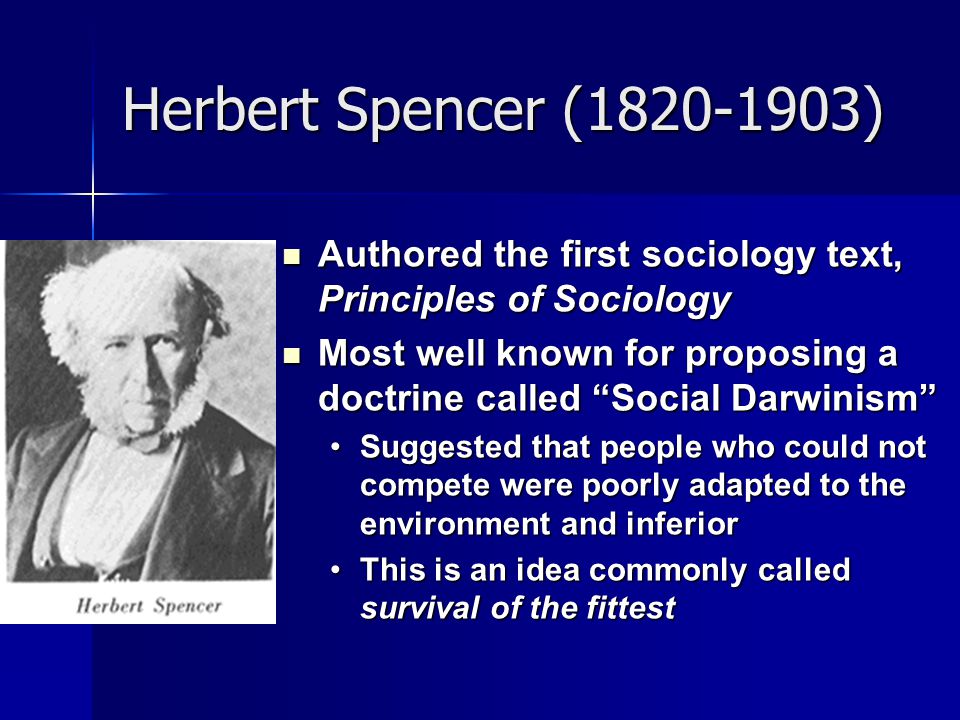 Herbert Spencer ( ) Authored the first sociology text, Principles of Sociology.