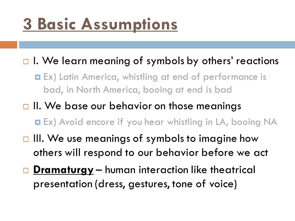 3 Basic Assumptions I. We learn meaning of symbols by others’ reactions.
