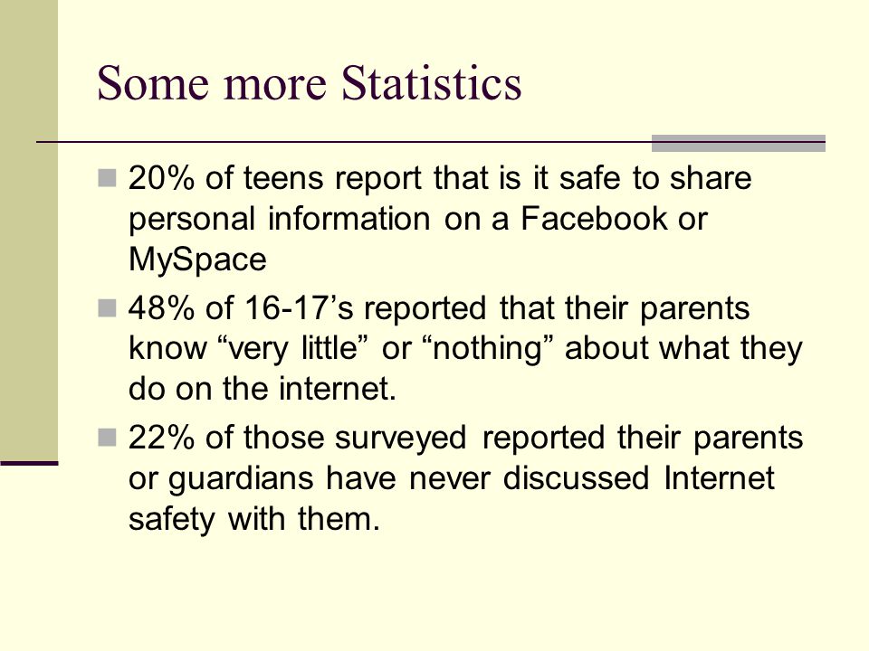 Some more Statistics 20% of teens report that is it safe to share personal information on a Facebook or MySpace.