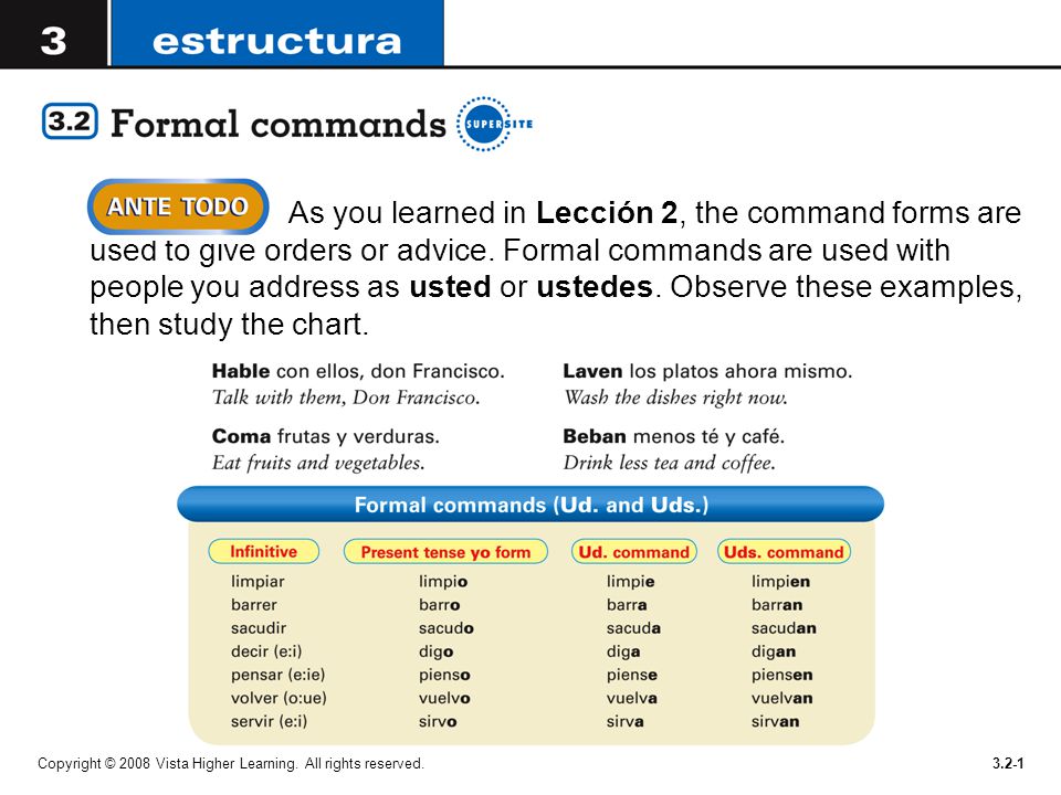 As you learned in Lección 2, the command forms are used to give orders or advice. Formal commands are used with people you address as usted or ustedes. Observe these examples, then study the chart.