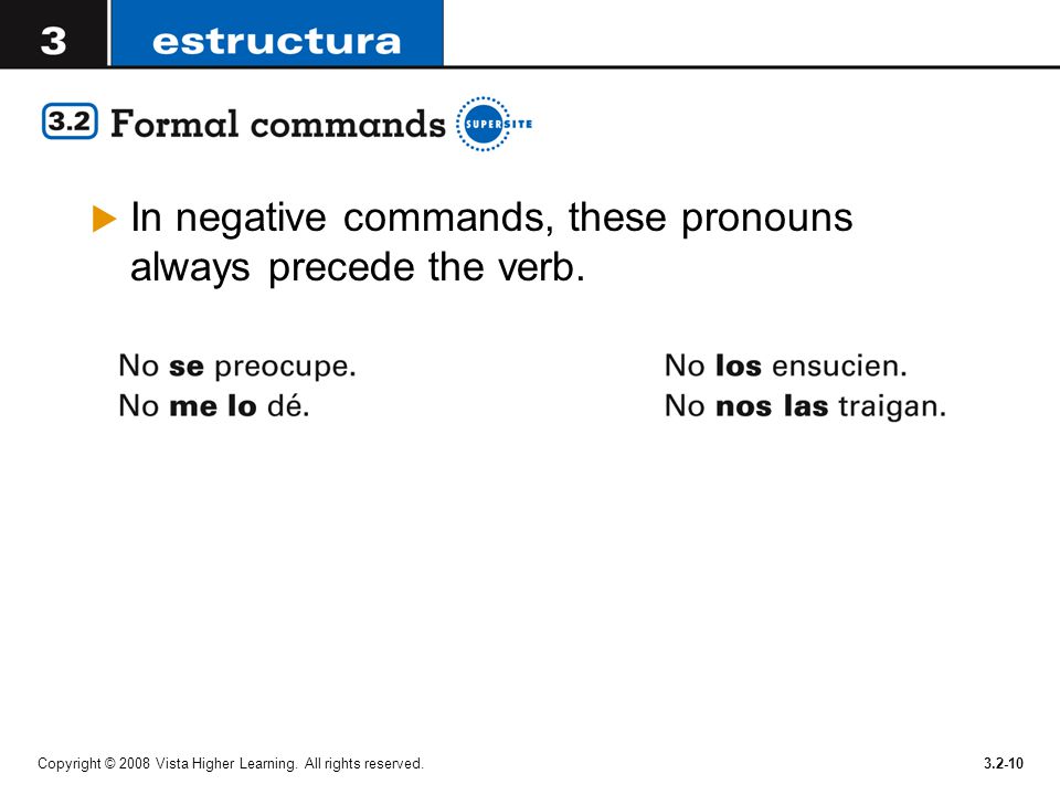 In negative commands, these pronouns always precede the verb.
