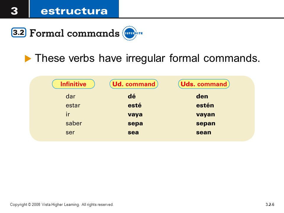 These verbs have irregular formal commands.