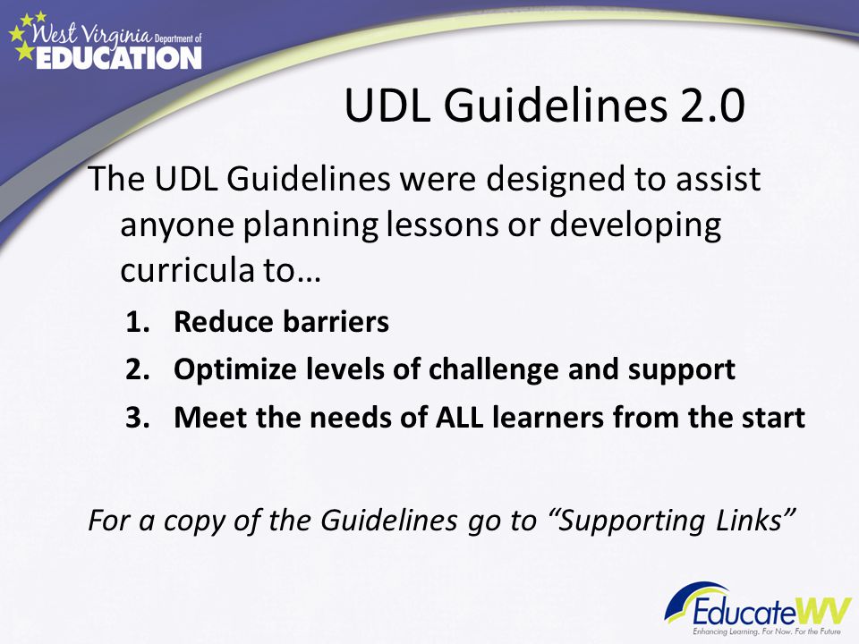 UDL Guidelines 2.0 The UDL Guidelines were designed to assist anyone planning lessons or developing curricula to…