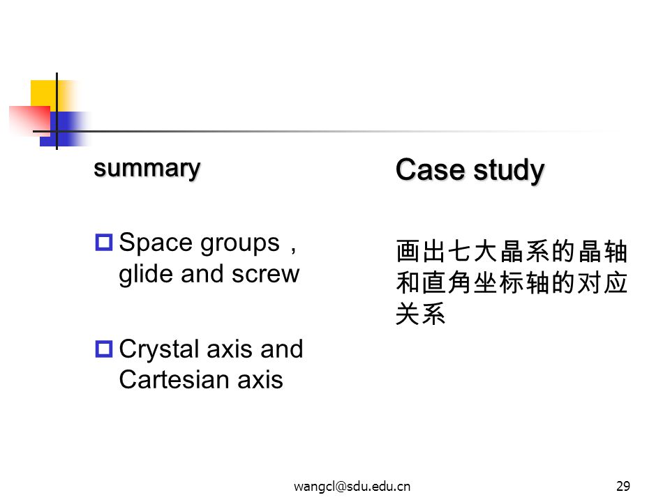 Case study summary Space groups，glide and screw 画出七大晶系的晶轴和直角坐标轴的对应关系
