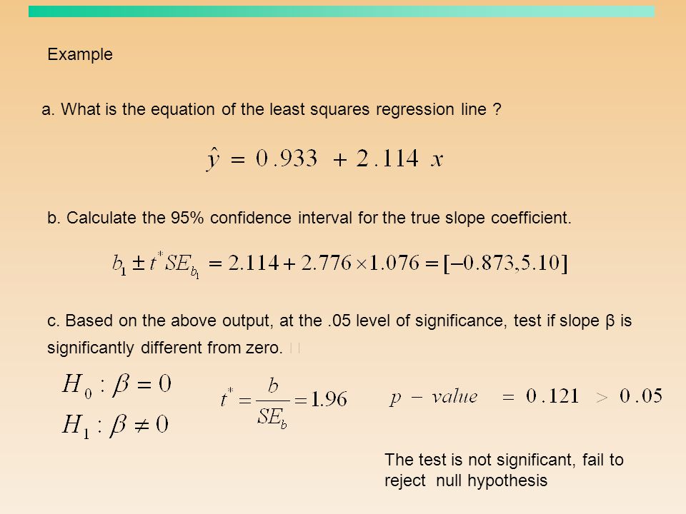 Example a. What is the equation of the least squares regression line b. Calculate the 95% confidence interval for the true slope coefficient.