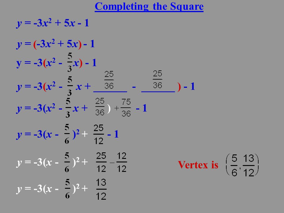 Completing the Square y = -3x2 + 5x - 1. y = -3x2 + 5x - 1. ( ) y = -3(x2 - x) - 1.