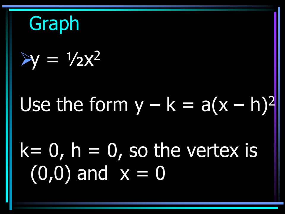 Graph y = ½x2 Use the form y – k = a(x – h)2 k= 0, h = 0, so the vertex is (0,0) and x = 0